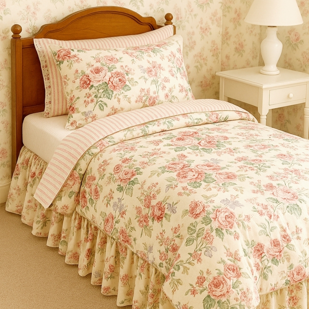 Laura Ashley Melrose Twin Reversible Comforter/Matching Bedskirt Made In The USA
